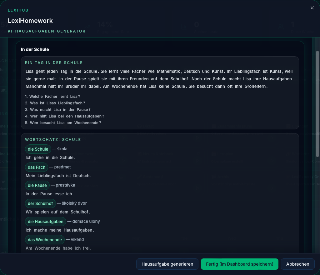 LexiHomework — vygenerovaná domáca úloha „In der Schule“ so slovnou zásobou