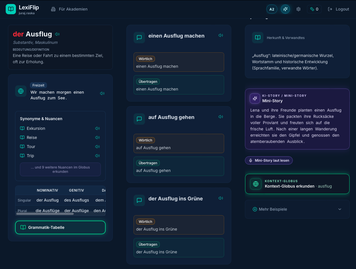 LexiFlip — slovo „der Ausflug“ s gramatikou, príkladmi a mini-príbehom